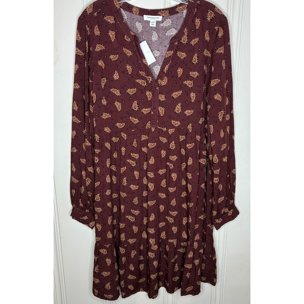 NEW Beachlunchlounge Paisley Babydoll Dress Maroon Long Sleeve Mini Med Autumn
